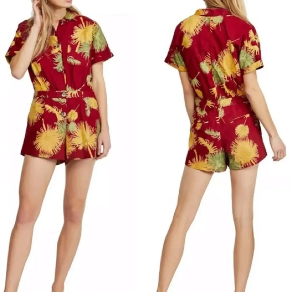 Free People Malibu Red & Yellow Tropical Hawaiian Romper Playsuit